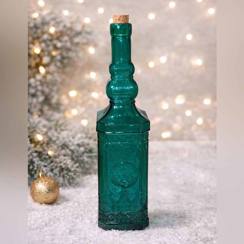 PRESSED GLASS WINE OR OIL GREEN 12" BOTTLE WITH CORK